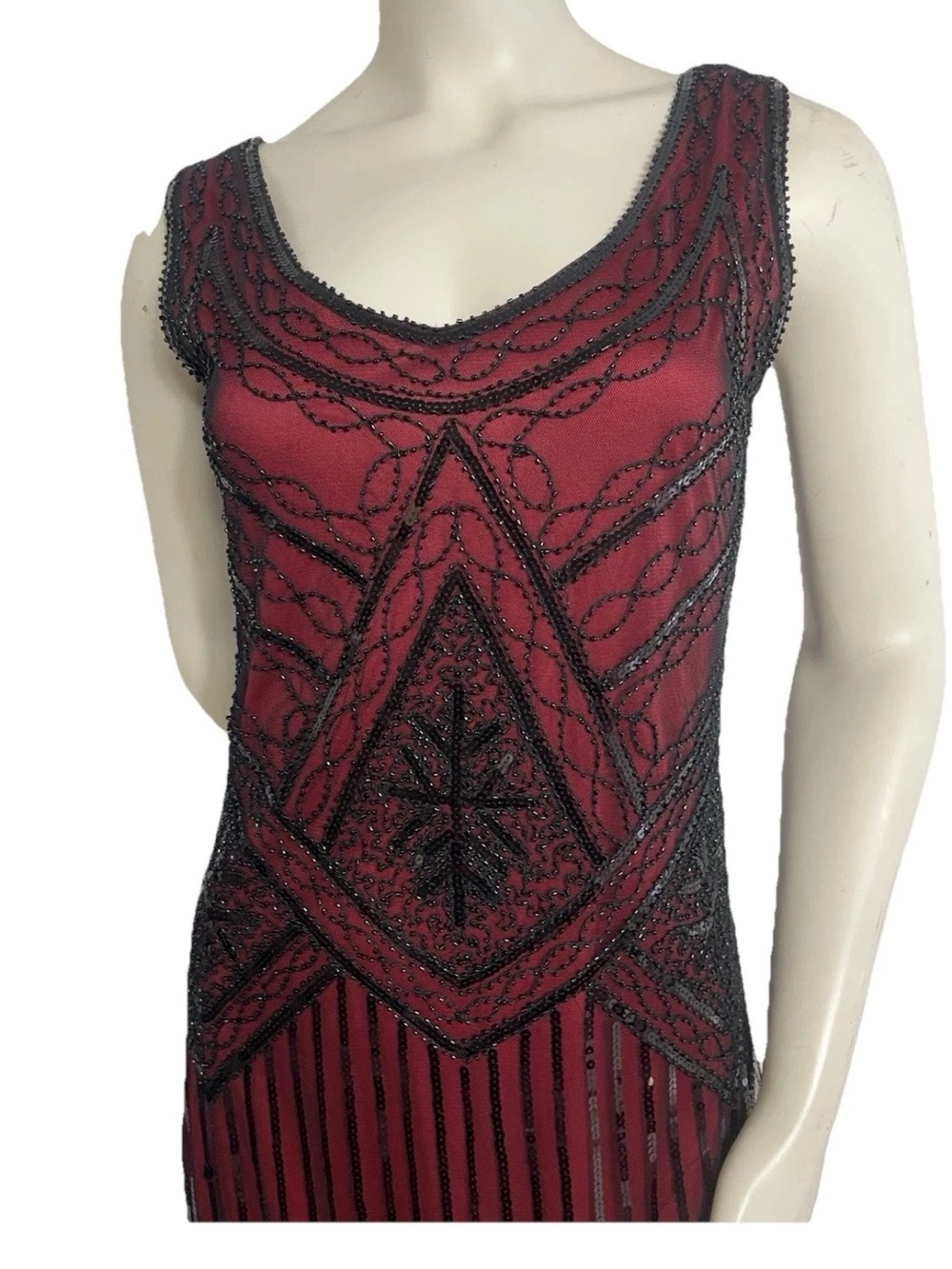 FUNDAISY 1920’s Style Flappers Dress 
Daisy Burgundy Sheer Beaded Sleeveless Mes